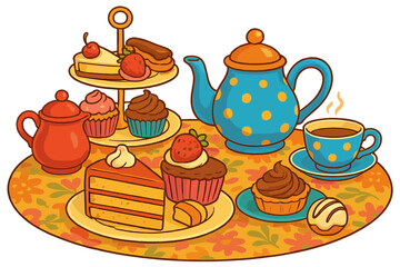 Afternoon tea party vector illustration. High tea setting with teapot, cup, cake stand with desserts, pastries, cupcakes, and sweets. Cozy cafe or bakery concept food art.