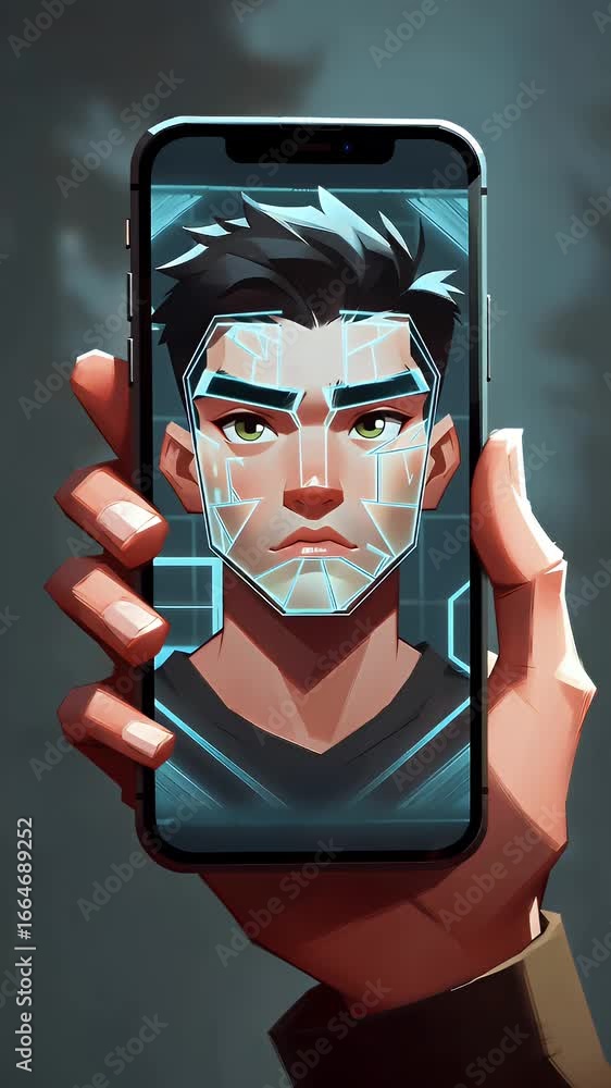 Poster young man holding smartphone with identity verification request on screen