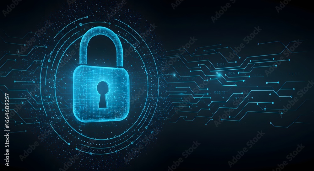Poster digital padlock icon representing cybersecurity and data protection in a modern technological world,