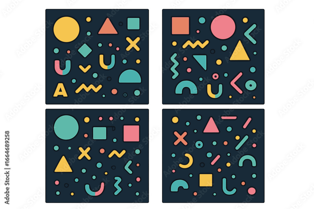 Aufkleber set of colorful geometric seamless patterns. abstract backgrounds with hand drawn shapes. retro memp