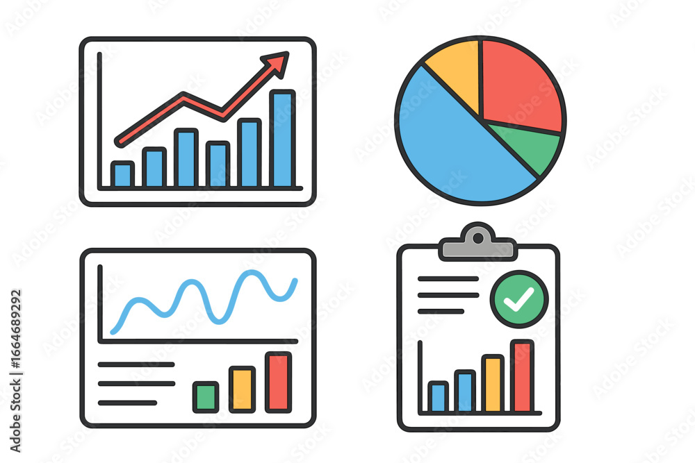 Aufkleber set of business data analysis icons. graphs and charts for performance metrics report. financial sta