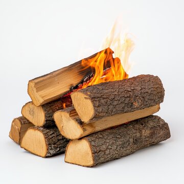 Burning firewood logs stacked on a white background, ideal for cozy winter scenes or fireplace settings.