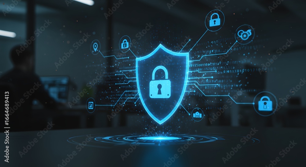 Poster digital shield with a padlock on a blurred background, representing cybersecurity and data protectio