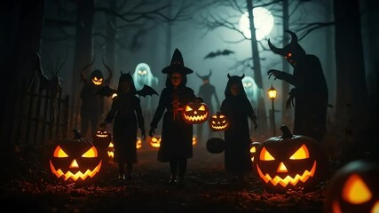 Spooky Halloween scene with glowing jack-o-lanterns and eerie ghost figures in a foggy dark forest at night - Powered by Adobe