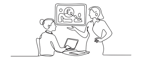 Continuous one line drawing businesswoman employee explain data in screen to manager. Training and workshop concept. Single line draw design. Vector black silhouette. with white background