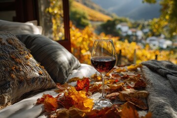 Red wine, autumn leaves, pillows on bed with vineyard scenery in the background. Ideal for themes like cozy autumn, travel, wine tasting, and luxury living.