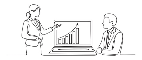 Continuous one line drawing businesswoman employee explain data in screen to manager. Training and workshop concept. Single line draw design. Vector black silhouette. with white background