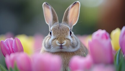 Adorable bunny hiding in tulips, pastel light, macro crisp detail