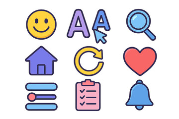 Colorful user interface icon set for UX and GUI design. Vector collection of web and app elements like home, search, notification bell, settings, refresh, and like heart. Flat cartoon style.