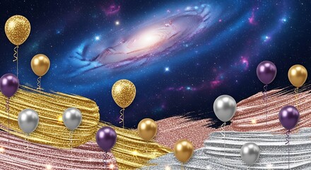 Cosmic Celebration Background with Metallic Balloons and Glitter Strokes