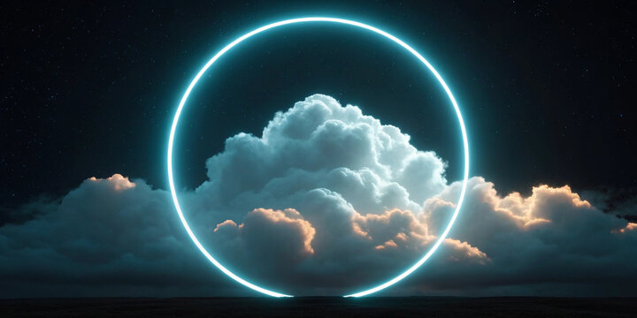 Neon Cloud Frame – Glowing Circle, Cloud in Light, Futuristic Background, Neon Design, Dream Sky, Creative Abstract, Vaporwave Style, Fantasy, Digital Background, Modern Art, Glowing Energy, Technolog - Powered by Adobe