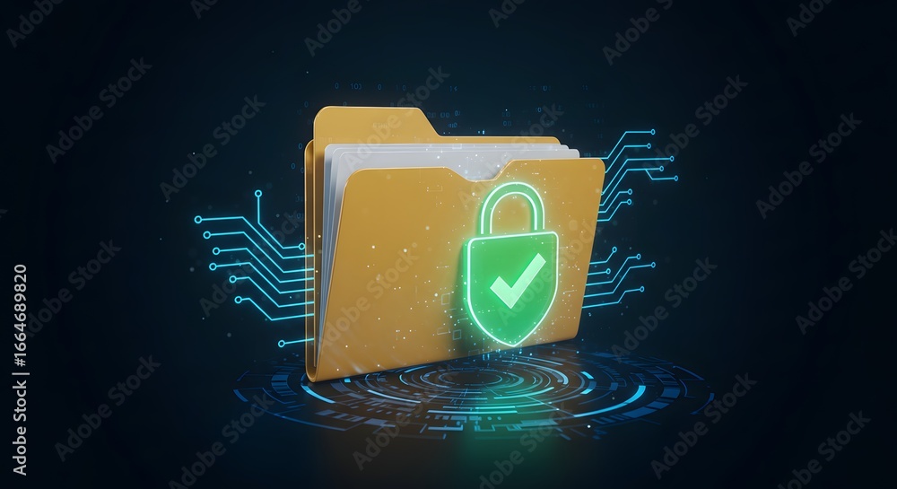 Poster a 3d render of a yellow folder with a green padlock and checkmark, representing data security and pr