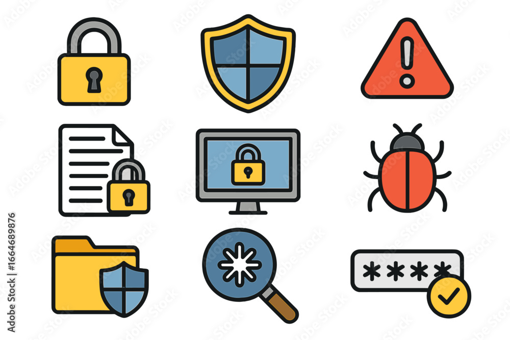 Poster cybersecurity icon set for digital safety and data protection. flat vector icons for web and app des