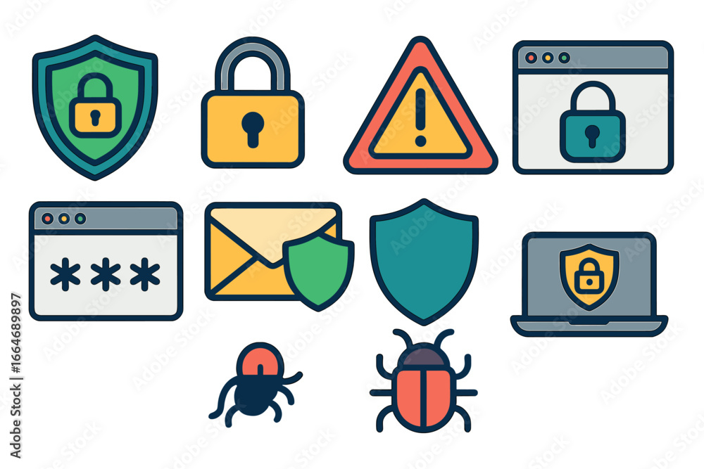 Poster cybersecurity icon set. digital safety and data protection concept. internet web security threat. vi