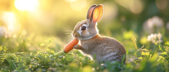 Adorable bunny nibbling a carrot, soft morning glow, closeup detail