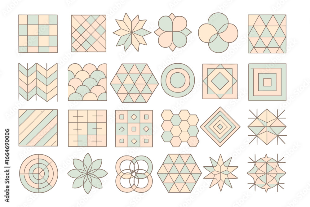 Poster set of geometric patterns and abstract shapes. collection of simple icons in pastel colors. modern m