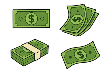 Vector dollar money illustration set. Cartoon cash banknotes for finance success or business solutions. Green currency bills, stack of money, and falling cash icons isolated.