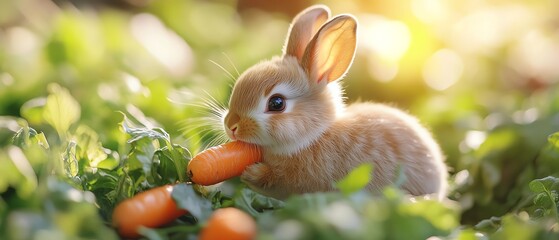 Adorable bunny nibbling a carrot, soft morning glow, closeup detail