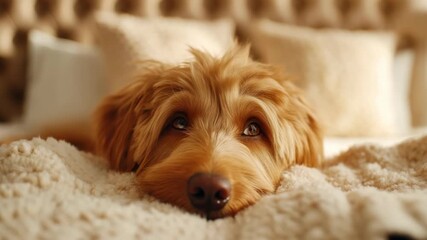 Adorable Goldendoodle Puppy Relaxing on a Cozy Bed with Soft Pillows in the Background