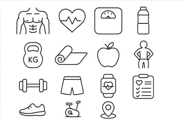 Health and fitness linear icon set. Workout, wellness, and sport equipment outline collection. Gym, cardio, and diet symbols. Vector for healthy lifestyle and activity tracking.