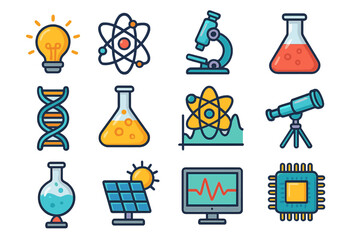 Science and technology icon set. Vector symbols for research, innovation, education. Includes atom, DNA, microscope, flask, solar panel, cpu. Flat cartoon style elements.