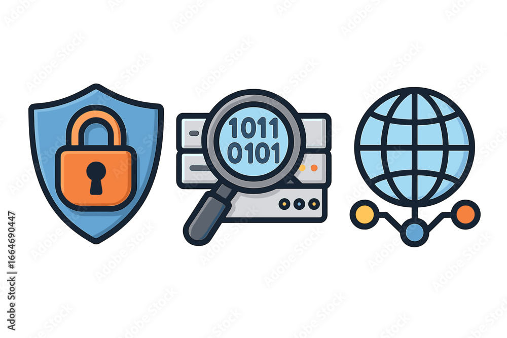 Aufkleber network security icon set. data protection shield, server data analysis with magnifying glass, and g