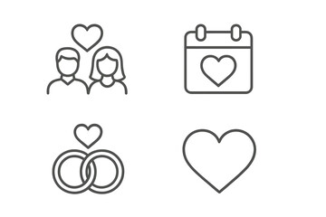Love and romance linear icons set. Valentine's Day symbols collection. Vector illustration of a couple in love, wedding rings, heart and calendar special date for design.