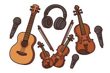 Set of musical instruments vector illustration. Acoustic guitar, violin, headphones, microphone icons. Music concert, audio equipment, sound production, band doodle elements.
