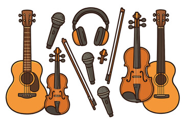 Naklejka premium Musical instruments collection. Vector illustration of guitar, violin, microphone, headphones. Music production, recording studio equipment. Sound and audio design elements set.