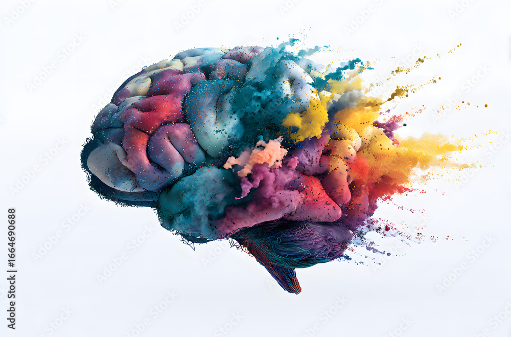 Poster concept of a human brain full with creativity, shows multiple colors and action - generative ai imag