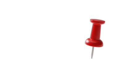 A single modern red thumbtack with a vibrant plastic head and metallic pin, upright on a transparent studio background, sharp focus, clean diffused lighting, Concept of strategic focus