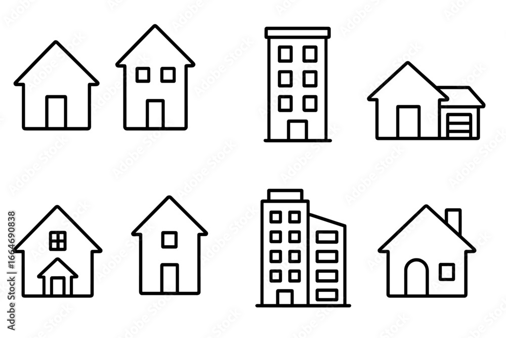 Poster home and building outline icon set. residential architecture symbols. linear vector pack for real es