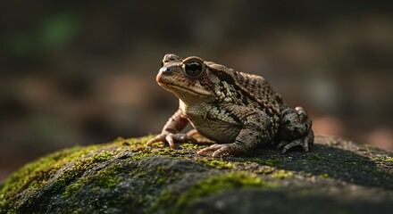 Fototapeta premium American toad resting on a mossy rock in natural outdoor setting
