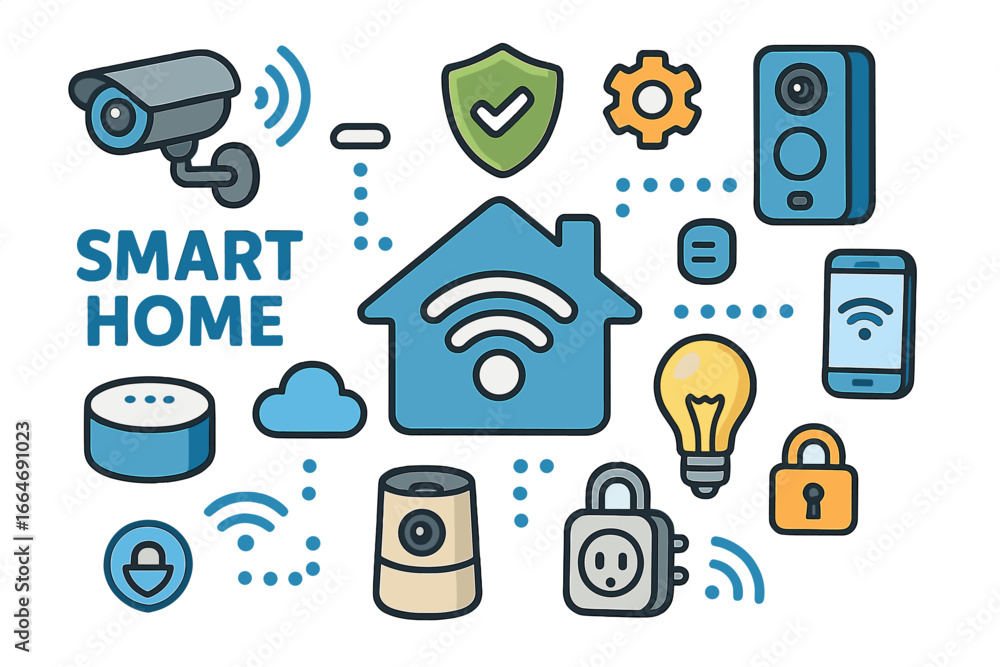 Poster smart home technology vector icon set. internet of things (iot) concept with connected devices. home