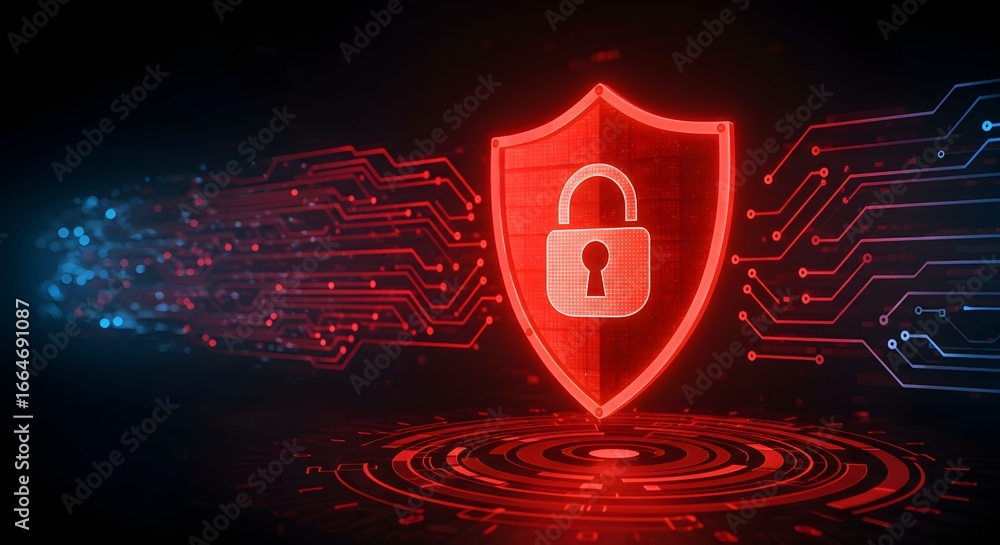 Poster digital cybersecurity concept with a red shield and padlock, representing data protection and networ