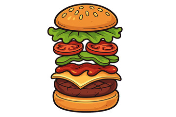 Flying ingredients burger vector illustration. Delicious hamburger or cheeseburger with separated layers. Bun, patty, cheese, tomato, lettuce for fast food menu design concept.