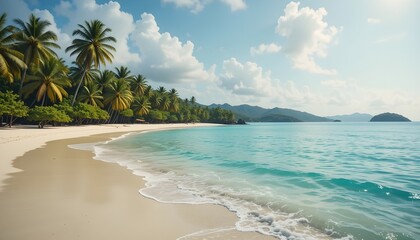 A tropical beach scene with palm trees white sand and turquoise water under a blue sky with clouds