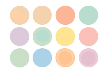 Set of pastel watercolor circles for design. Abstract round shapes collection. Soft color palette dots. Vector illustration for modern artistic projects. Transparent background.