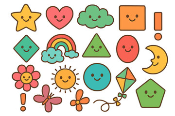 Kawaii cute characters set. Colorful cartoon shapes collection. Funny emoji sticker pack for kids. Happy smiley faces, star, heart, sun, cloud, rainbow, flower, moon icons.