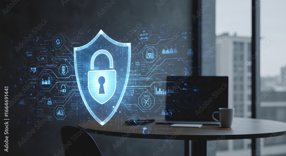 Poster digital cybersecurity concept with a glowing shield and padlock hologram over a modern office worksp
