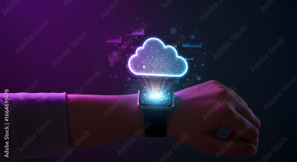 Poster a glowing cloud computing icon hovers above a smartwatch on a persons wrist, symbolizing the connect
