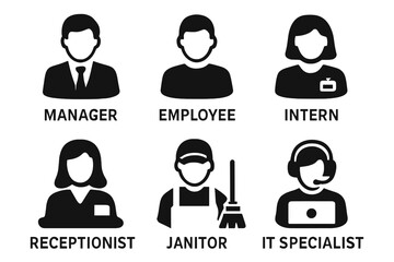 Workplace roles icons set including manager, employee, intern, receptionist, janitor, IT specialist, solid filled vector illustration, business team, office jobs, staff positions