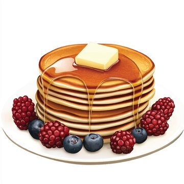 a pancake stack with bery and syrup