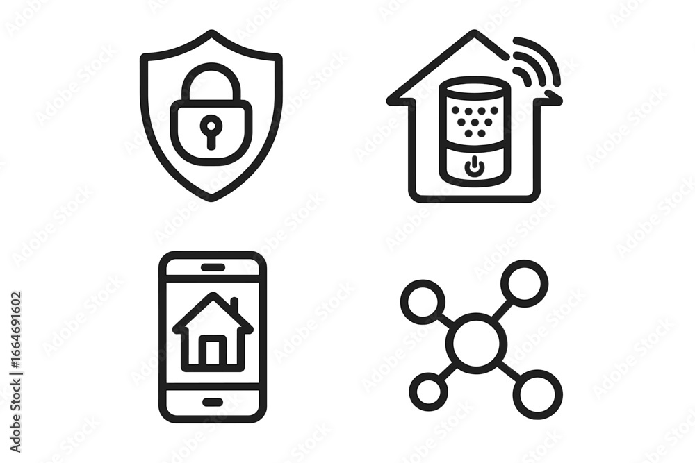 Poster home automation linear icon set. smart home technology concept. security system, smart speaker, mobi