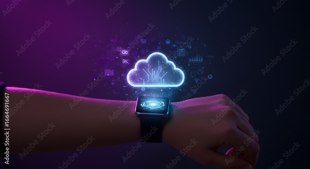 Poster cloud computing concept a smartwatch displaying a cloud icon, symbolizing data storage, network conn