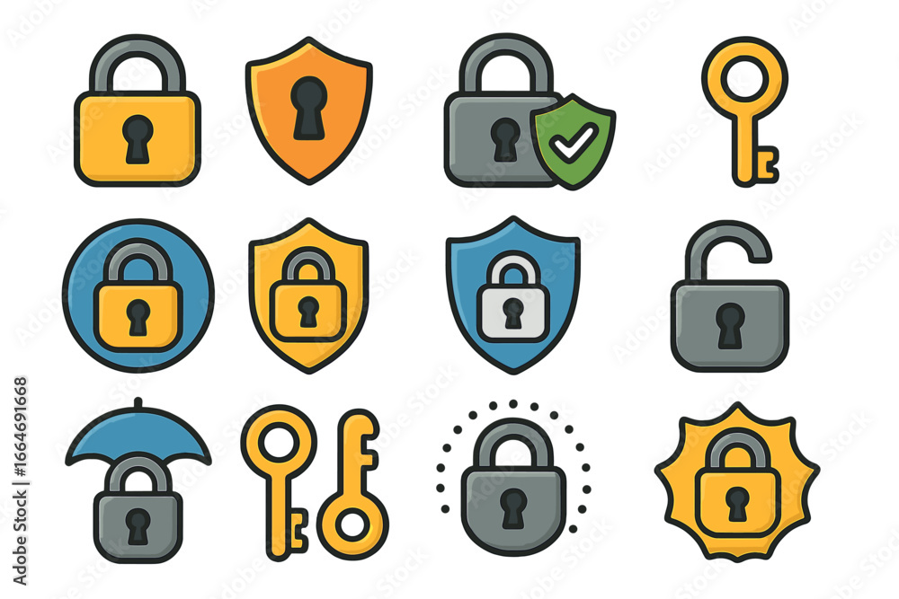 Poster security icon set with locks, keys, and shields. vector concepts of protection, safety, privacy, and
