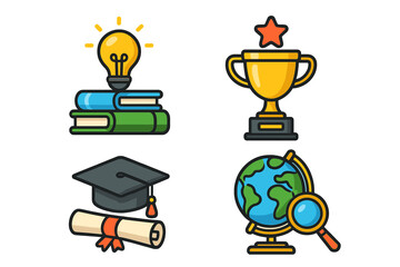 Obraz premium Education icon set. School, university vector icons. Learning, knowledge, idea, graduation, success, discovery concepts. Lightbulb, books, trophy, diploma, globe. Cartoon.