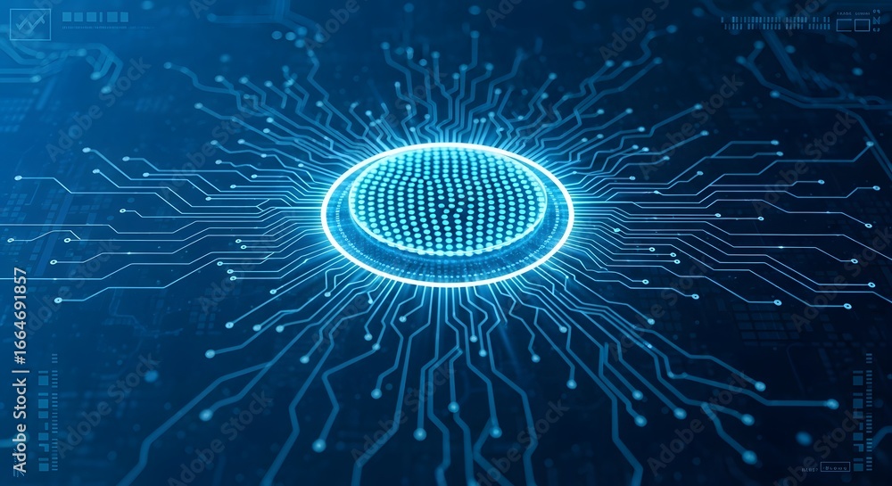 Aufkleber closeup of a glowing blue computer chip with intricate circuit patterns, symbolizing advanced techno