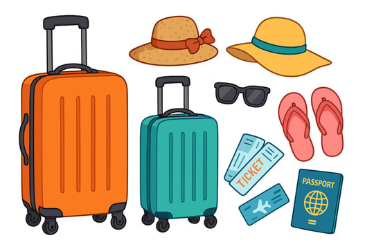 Travel and vacation accessories set. Cartoon vector illustration of luggage, suitcase, passport, tickets, sun hat, sunglasses, and flip flops. Holiday trip essentials collection.