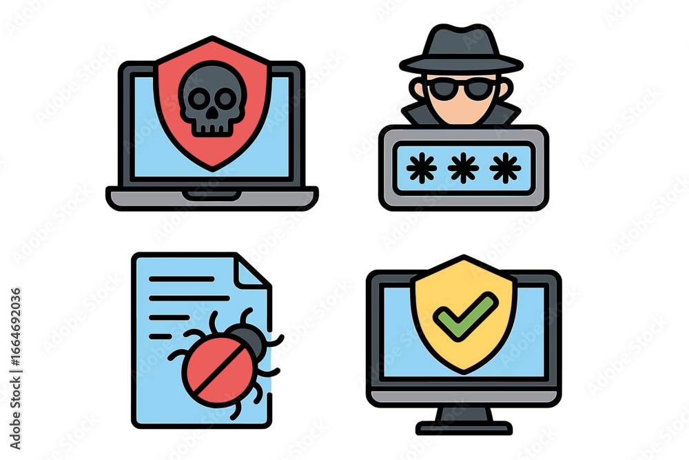 Poster cybersecurity icon set. hacker attack, virus, malware, and data protection concepts. phishing, compu